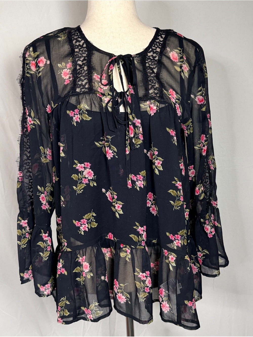 American‎ Eagle Black Sheer Floral Top,Pink Blooms,bell, whimsygoth,coquette
